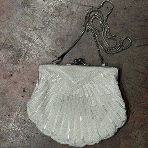 Vintage Beaded scalloped Clutch purse metal strap perfect for a wedding look!